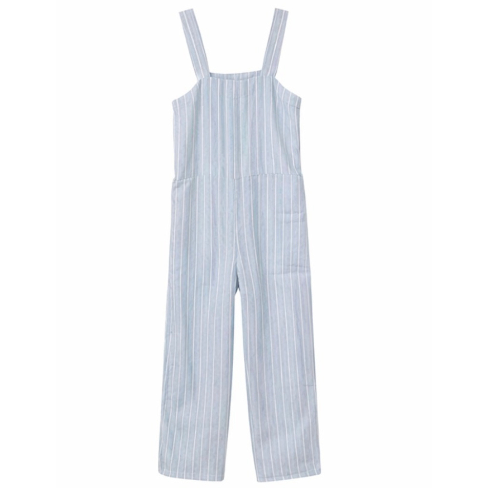Everlane Striped Linen Blend Jumpsuit Blue White Button Front Wide Leg Size M - Picture 2 of 9